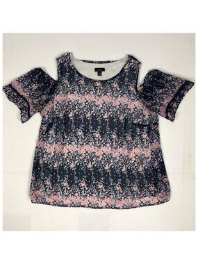 Alyx Top Women Size 2X Black Pink White Floral Lined Cold Shoulder Short Sleeves